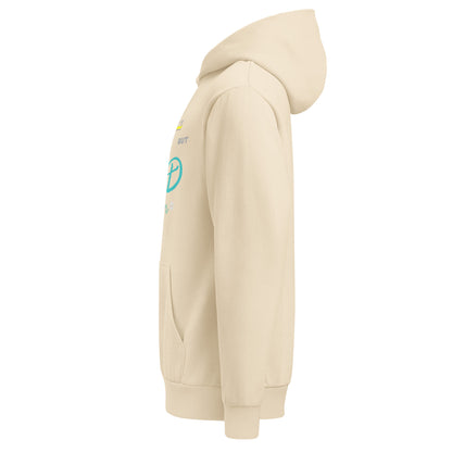 Sandshell hoodie with a glimpse of faith-inspired text on chest – side view.