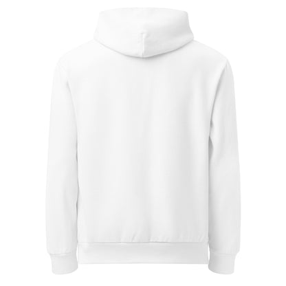 White hoodie – back view displaying hood up.