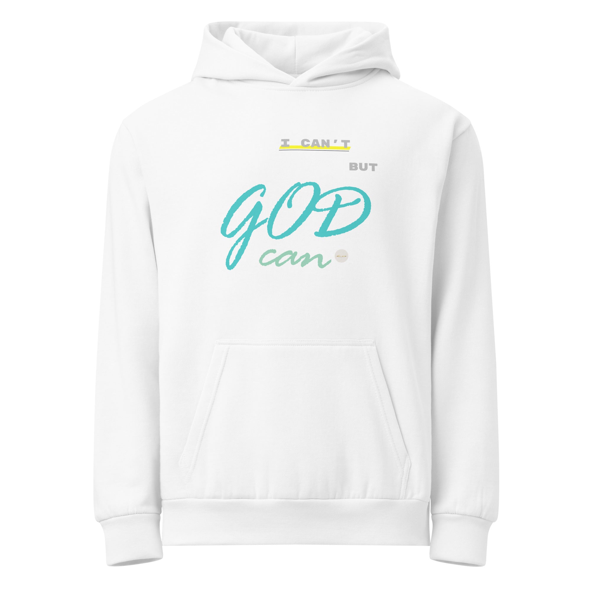 White urban hoodie adorned with 'I can't but God can' text on chest.