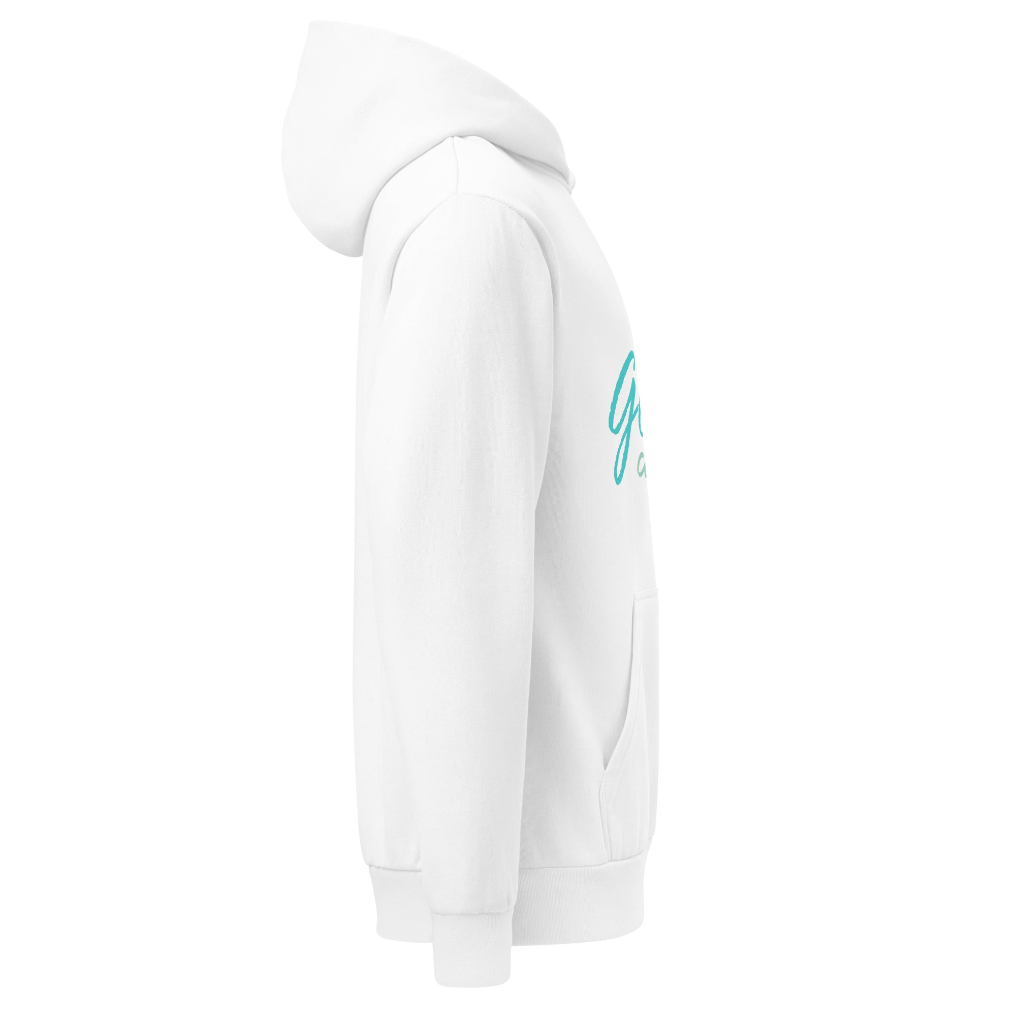 White hoodie with a glimpse of faith-inspired text on chest – side view.