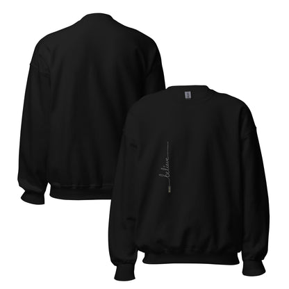 Black sweater adorned with 'Believe' handwritten text and eKuumeArt logo on torso – front and back views.