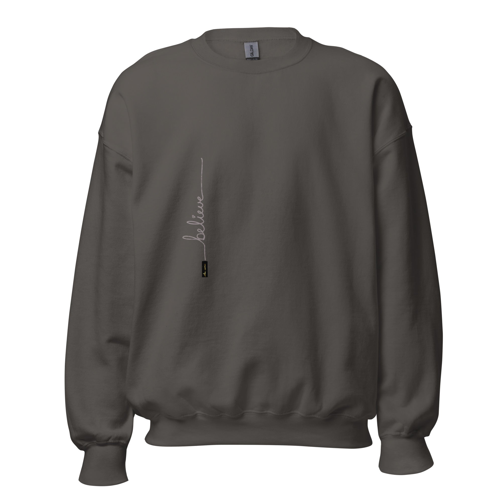 Charcoal sweater adorned with 'Believe' handwritten text and eKuumeArt logo on torso.