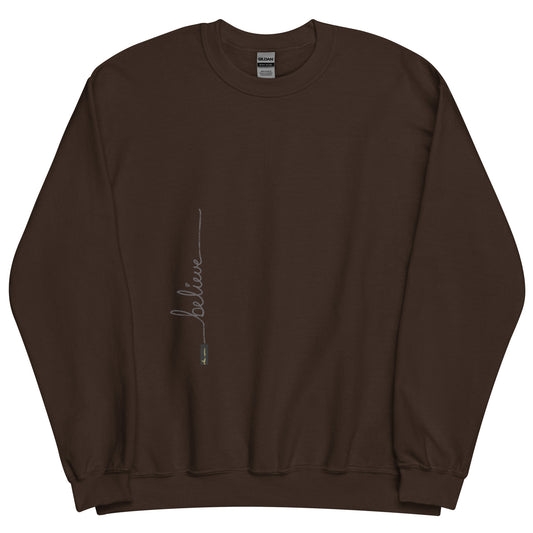 Dark Chocolate sweater adorned with 'Believe' handwritten text and eKuumeArt logo on torso