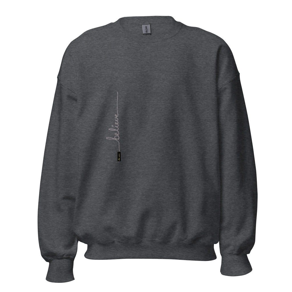 Dark Heather sweater adorned with 'Believe' handwritten text and eKuumeArt logo on torso.
