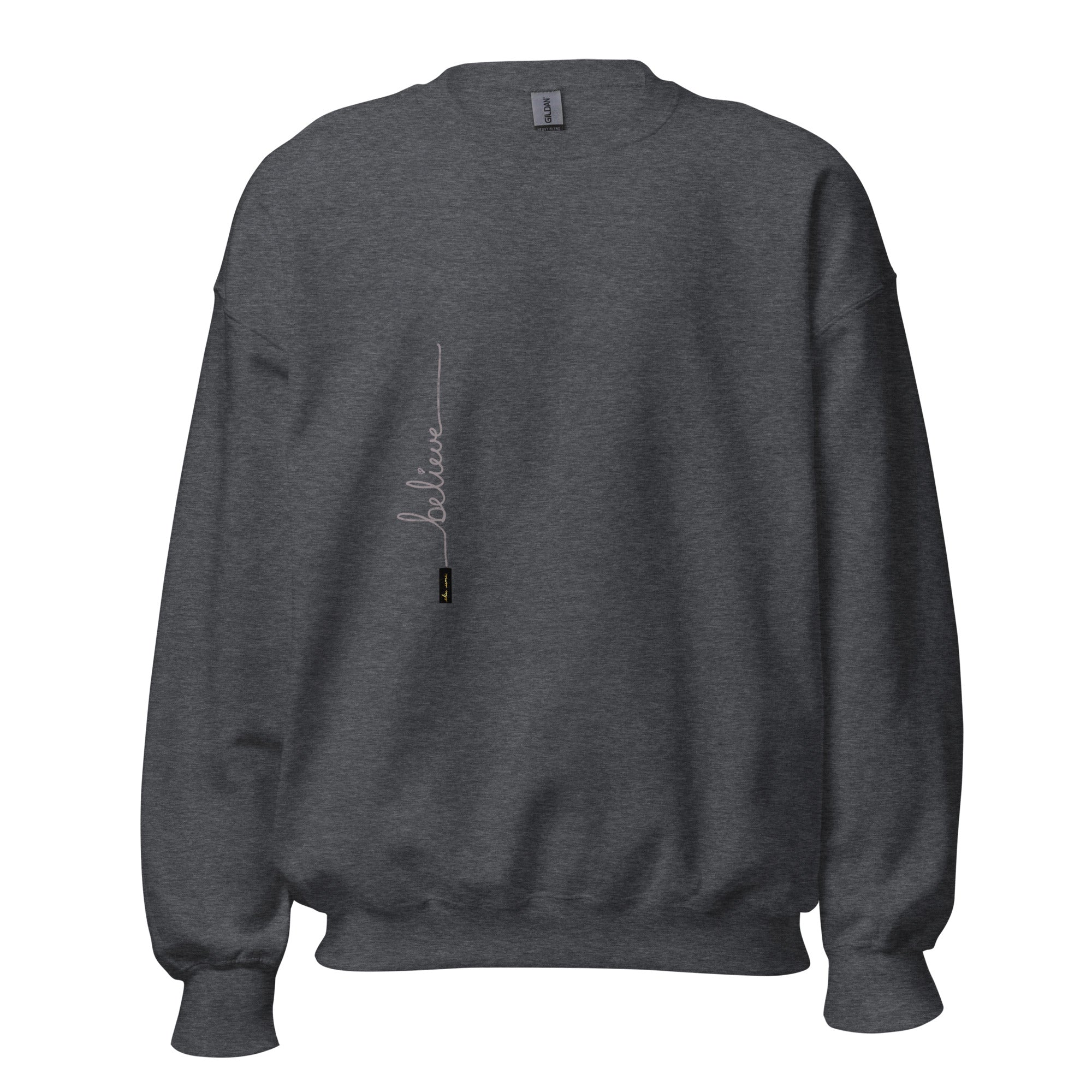 Dark Heather sweater adorned with 'Believe' handwritten text and eKuumeArt logo on torso.