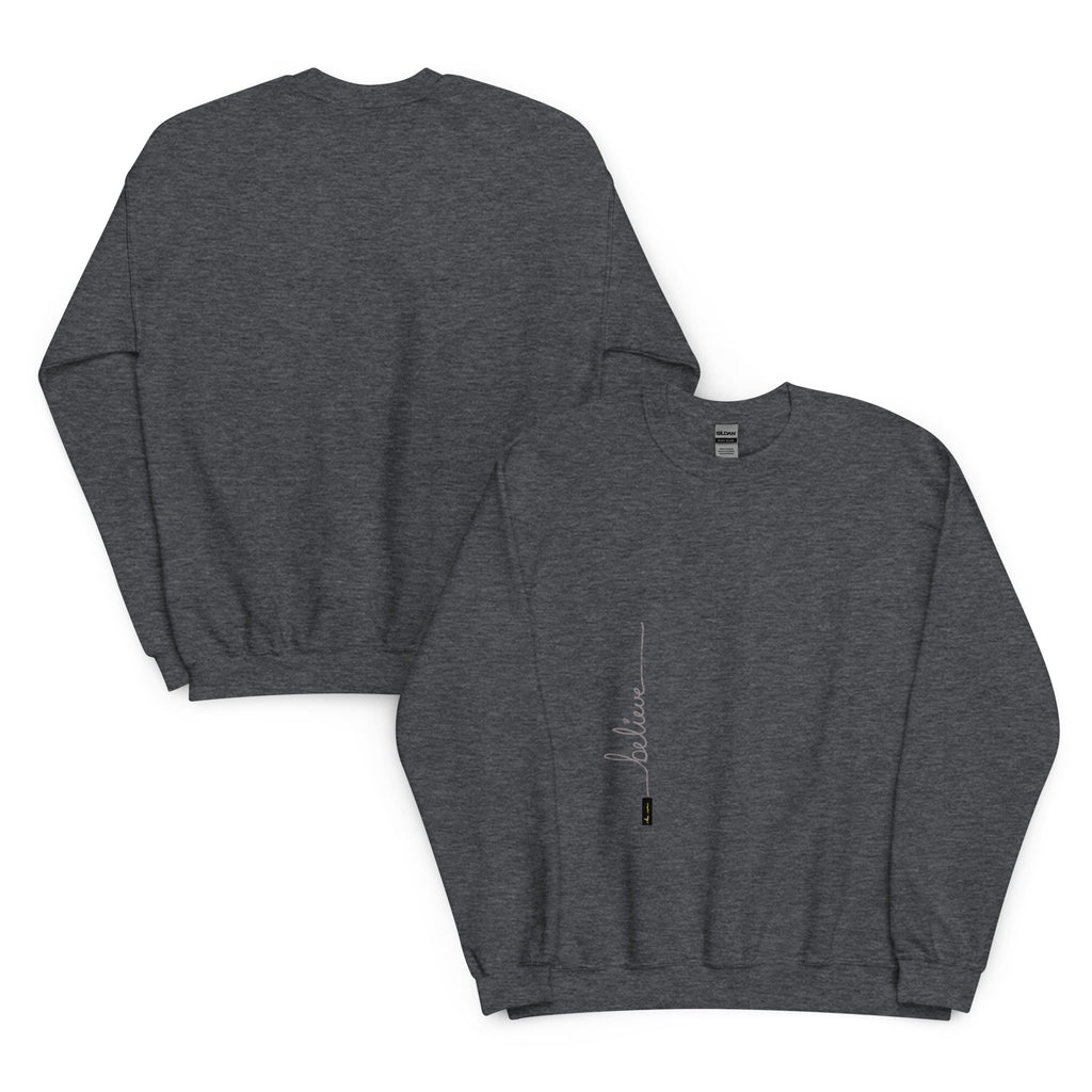 Dark Heather sweater adorned with 'Believe' handwritten text and eKuumeArt logo on torso – front and back views.