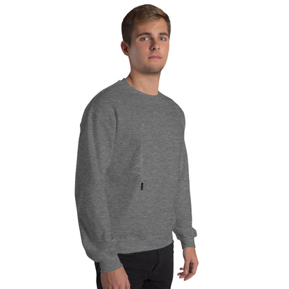 Man wearing graphite heather sweater with 'Believe' handwritten text and eKuumeArt logo on torso – angled view.