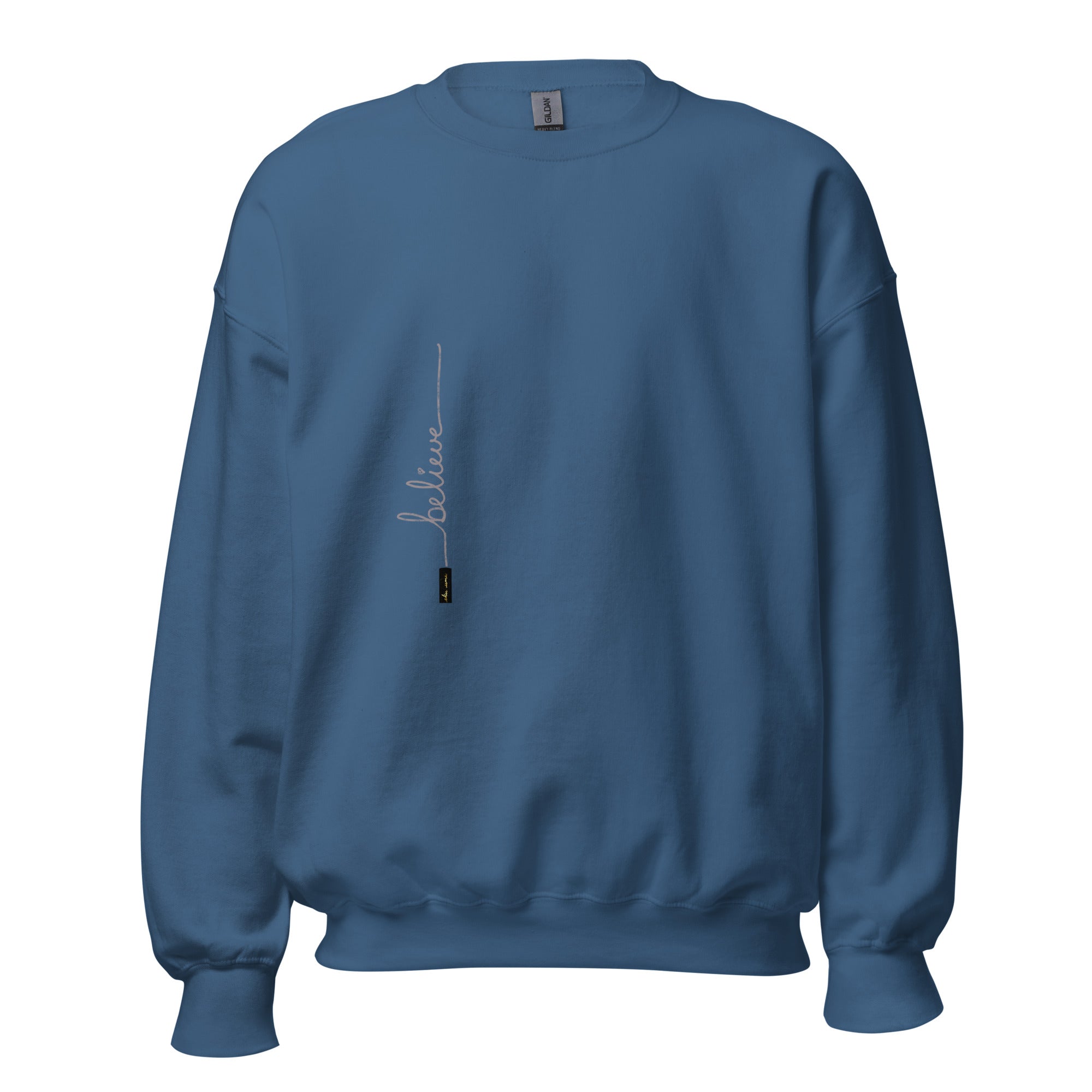 Indigo Blue sweater adorned with 'Believe' handwritten text and eKuumeArt logo on torso.