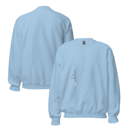 Light Blue sweater adorned with 'Believe' handwritten text and eKuumeArt logo on torso – front and back views.