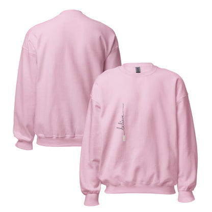 Light Pink sweater adorned with 'Believe' handwritten text and eKuumeArt logo on torso – front and back views.