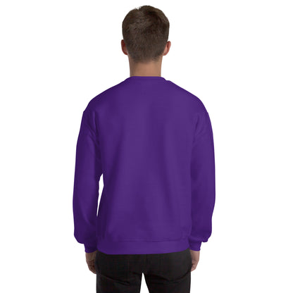Man wearing purple crewneck sweater – back view.