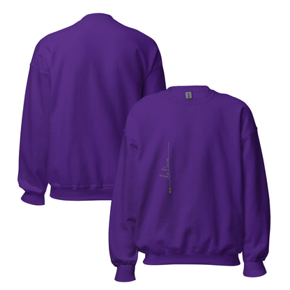 Purple sweater adorned with 'Believe' handwritten text and eKuumeArt logo on torso – front and back views.