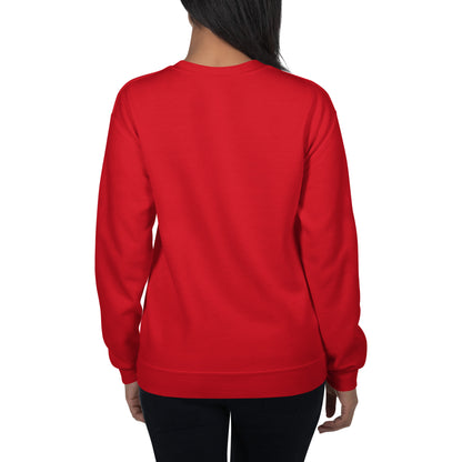 Woman wearing red crewneck sweater – back view.