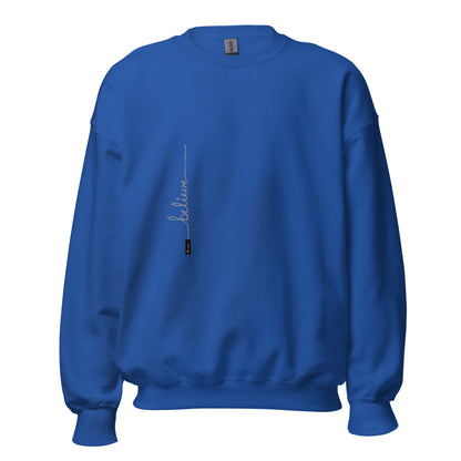 Royal sweater adorned with 'Believe' handwritten text and eKuumeArt logo on torso.