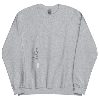 Sport Grey sweater adorned with 'Believe' handwritten text and eKuumeArt logo on torso.