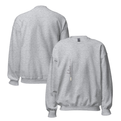 Sport Grey sweater adorned with 'Believe' handwritten text and eKuumeArt logo on torso – front and back views.