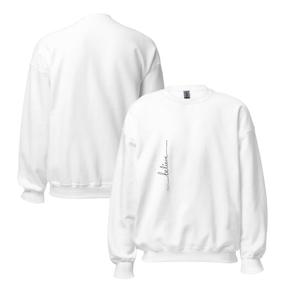 White sweater adorned with 'Believe' handwritten text and eKuumeArt logo on torso – front and back views.