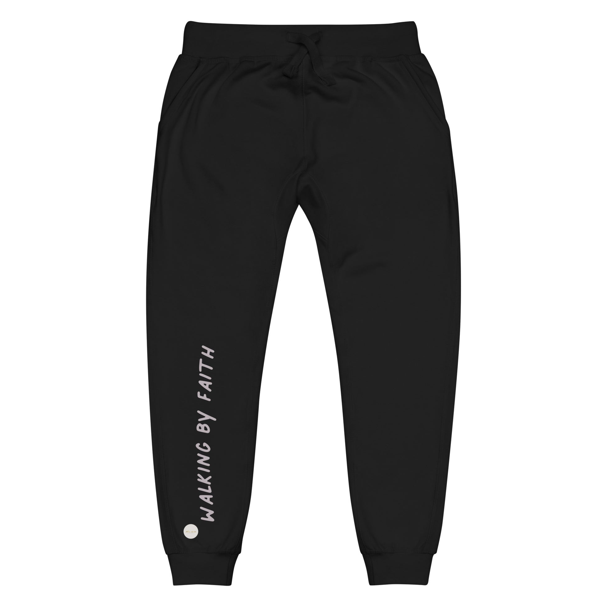 Black sweatpants adorned with 'Walking by faith' text and eKuumeArt logo on front right leg.