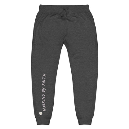 Charcoal Heather sweatpants adorned with 'Walking by faith' text and eKuumeArt logo on front right leg.