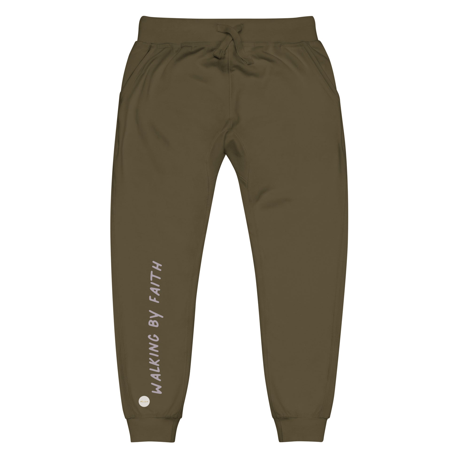 Military Green sweatpants adorned with 'Walking by faith' text and eKuumeArt logo on front right leg.
