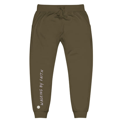 Military Green sweatpants adorned with 'Walking by faith' text and eKuumeArt logo on front right leg.