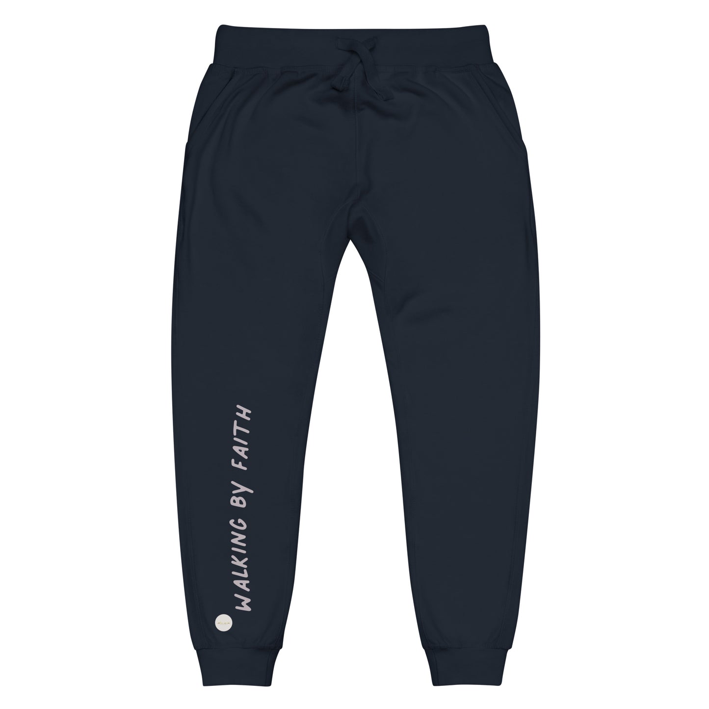 Navy Blazer sweatpants adorned with 'Walking by faith' text and eKuumeArt logo on front right leg.