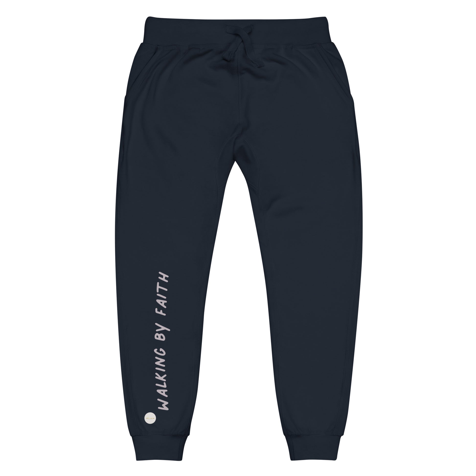 Navy Blazer sweatpants adorned with 'Walking by faith' text and eKuumeArt logo on front right leg.