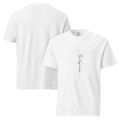 White tee adorned with 'One day at a time' text and eKuumeArt logo on middle chest – front and back views.