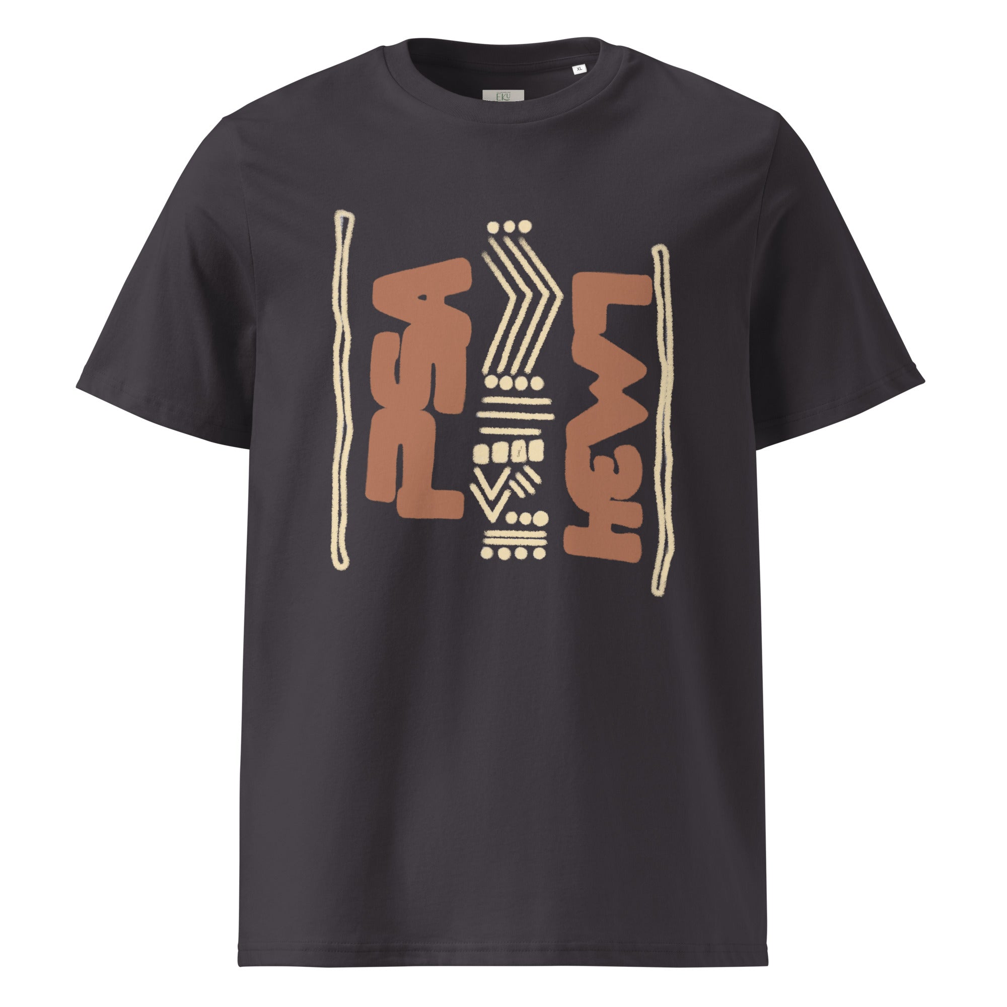 Anthracite grey organic cotton t-shirt with hand-drawn afro design | eKuumeArt.