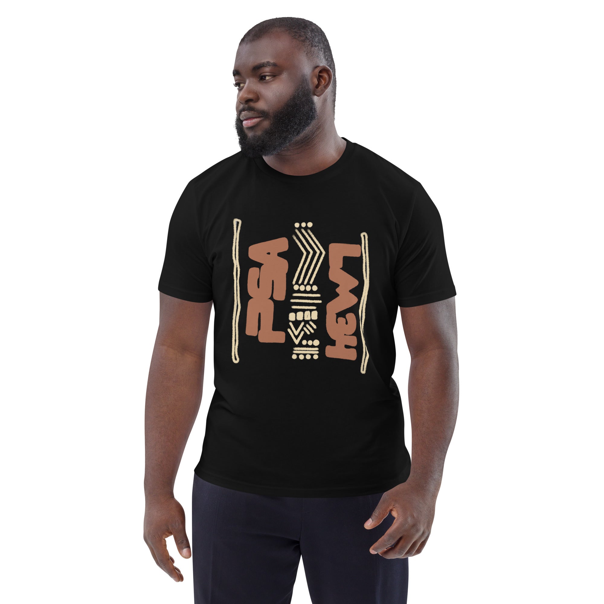 Man wearing a black organic cotton t-shirt with hand-drawn design | eKuumeArt.