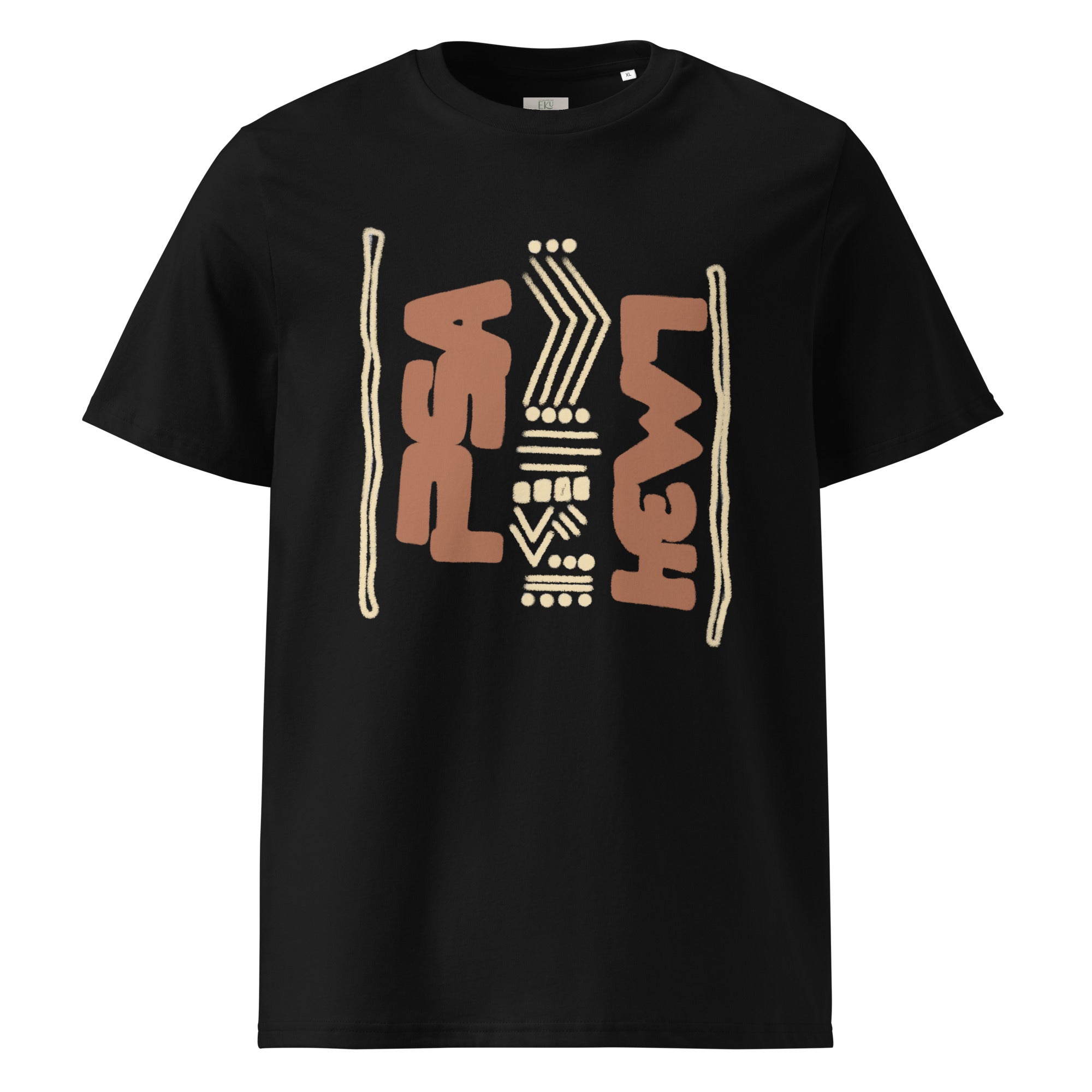 Black organic cotton t-shirt with hand-drawn afro design | eKuumeArt.