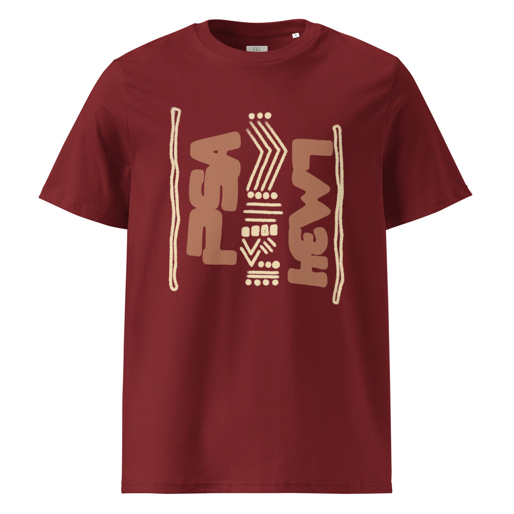 Burgundy organic cotton t-shirt with hand-drawn afro design | eKuumeArt.