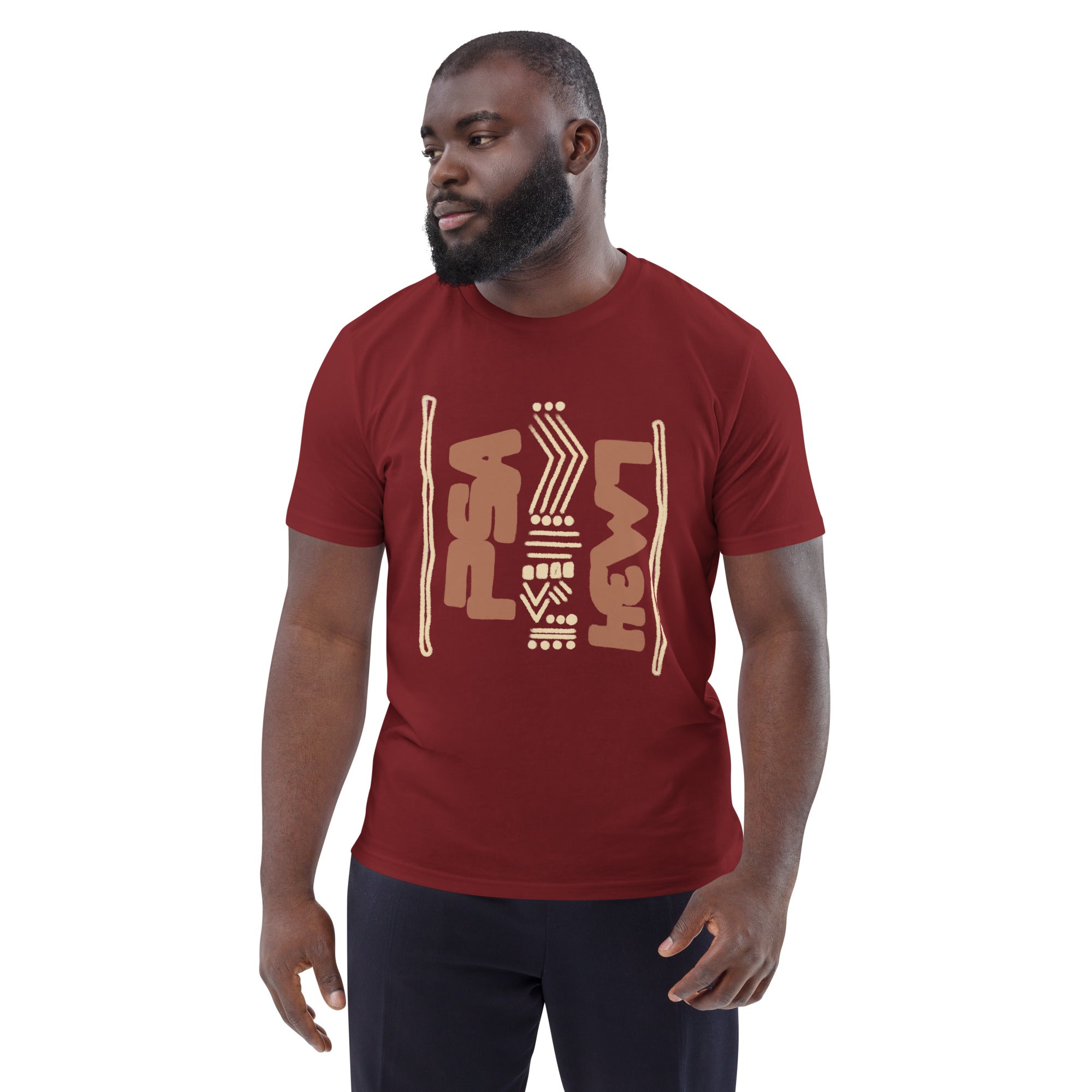 Man wearing a burgundy organic cotton t-shirt with hand-drawn design | eKuumeArt.