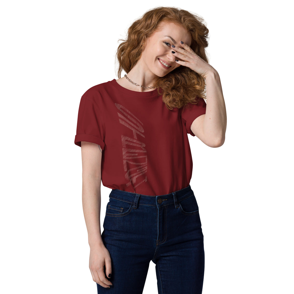 Woman wearing burgundy organic cotton t-shirt with hand-drawn 'Strength' text | eKuumeArt.