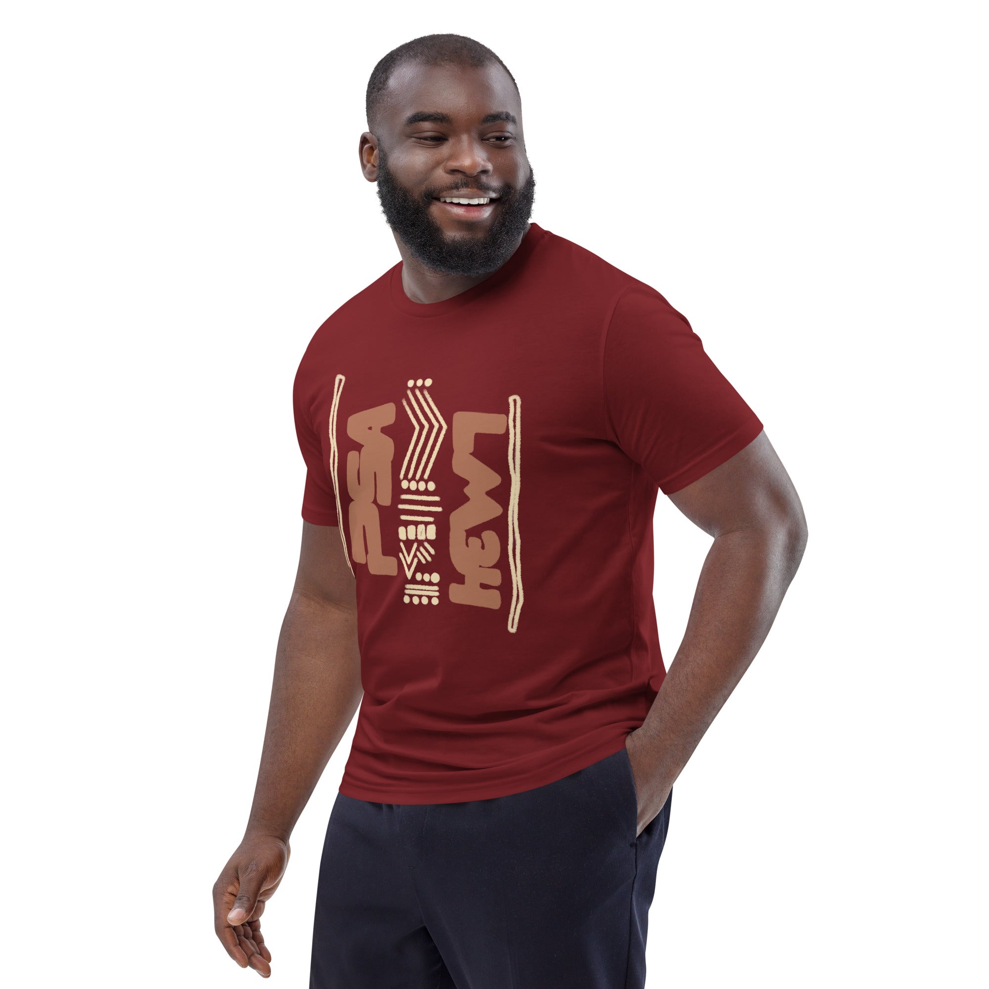 Man wearing a burgundy organic cotton t-shirt with hand-drawn design – angled view | eKuumeArt.