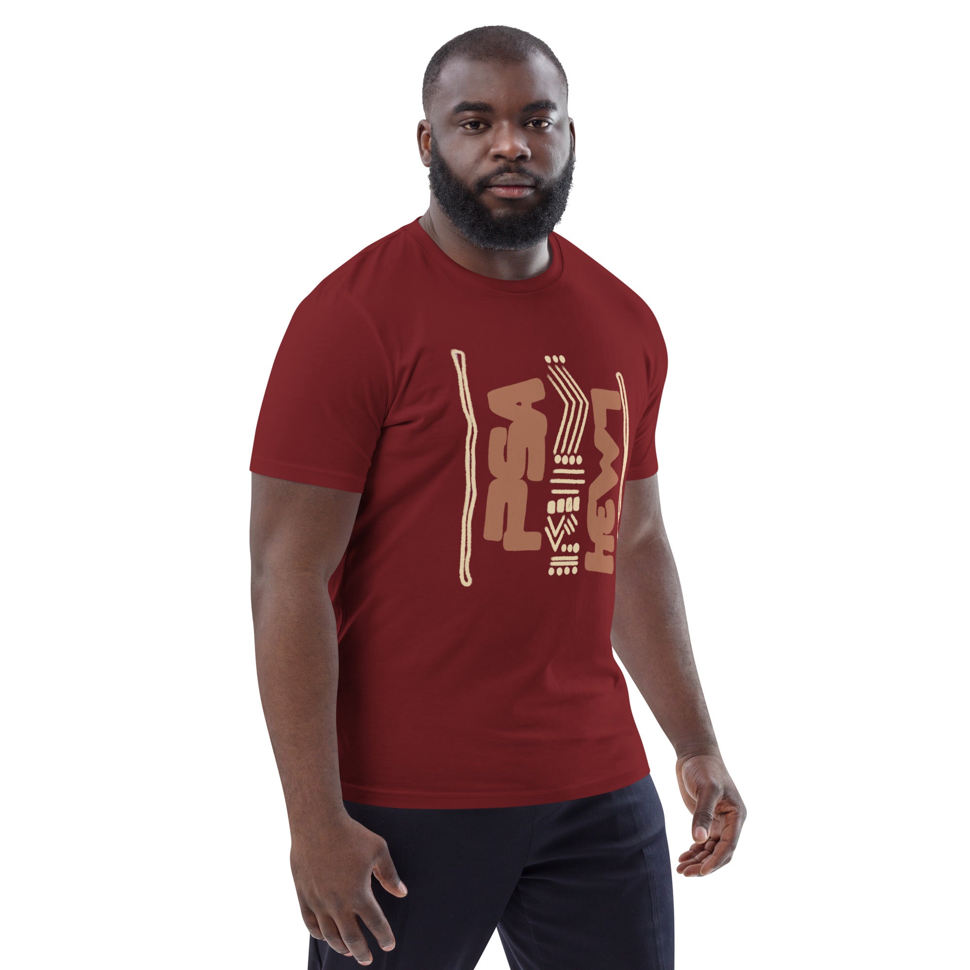 Man wearing a burgundy organic cotton t-shirt with hand-drawn design – angled view | eKuumeArt.