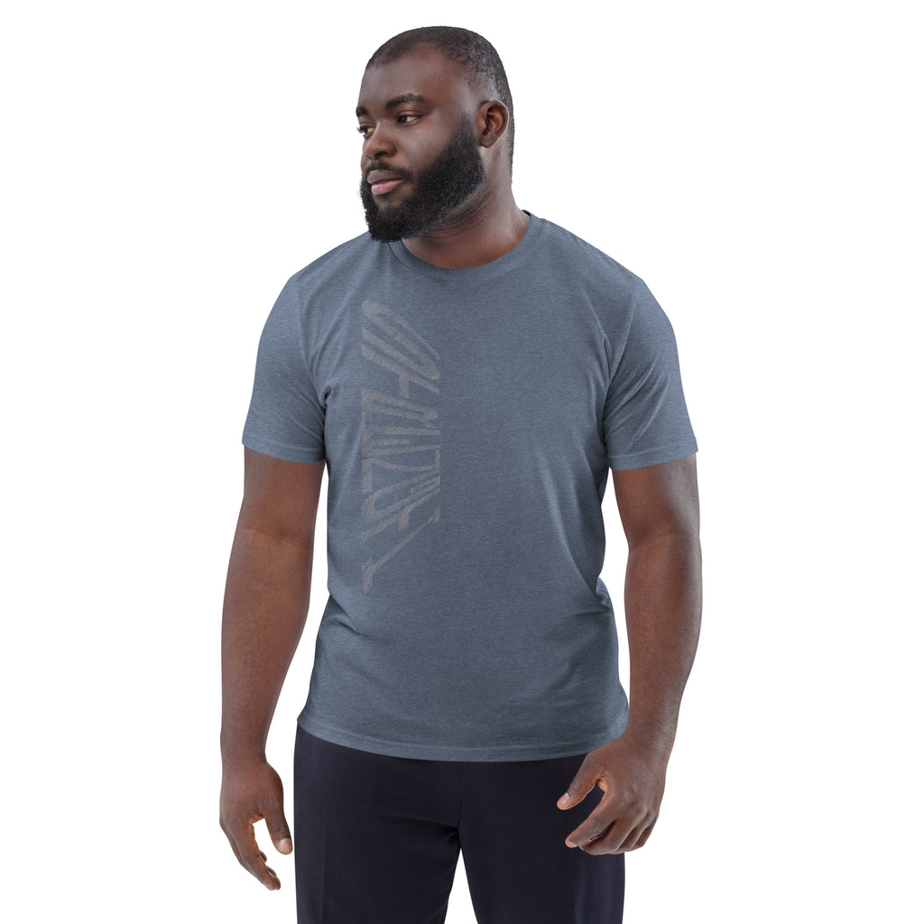 Man wearing dark heather blue organic cotton t-shirt with hand-drawn 'Strength' text | eKuumeArt.