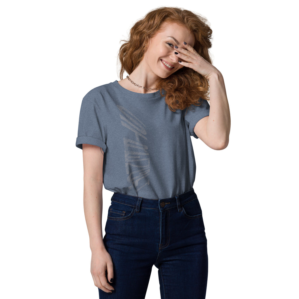 Woman wearing dark heather blue organic cotton t-shirt with hand-drawn 'Strength' text | eKuumeArt.
