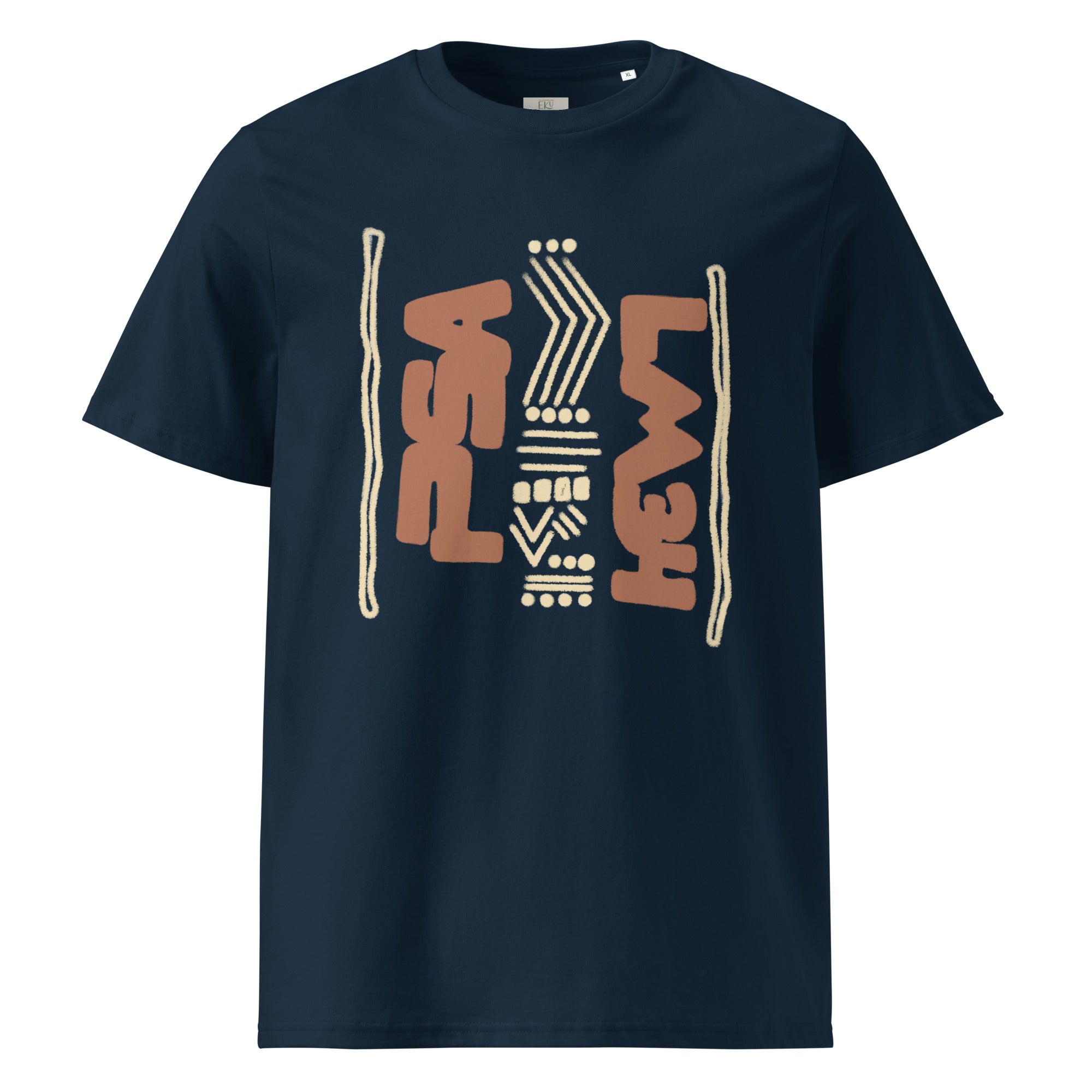 French navy organic cotton t-shirt with hand-drawn afro design | eKuumeArt.