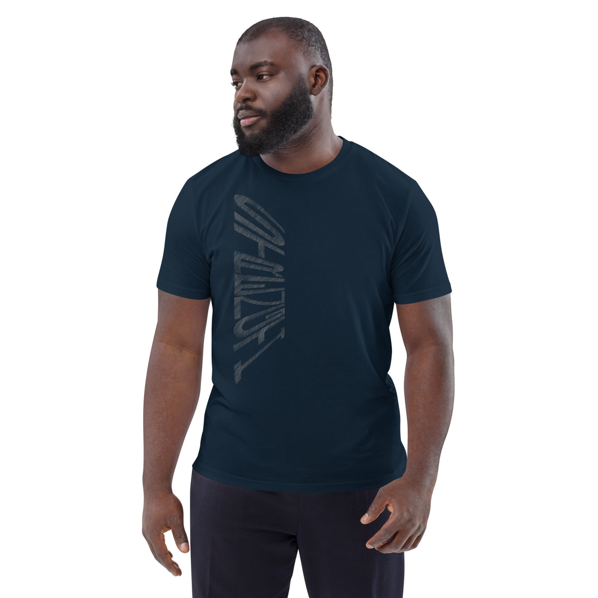 Man wearing French navy organic cotton t-shirt with hand-drawn 'Strength' text | eKuumeArt.