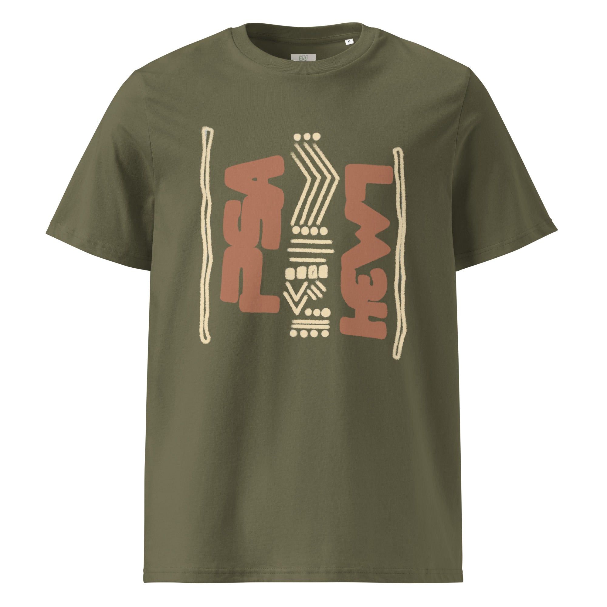 Khaki green organic cotton t-shirt with hand-drawn afro design | eKuumeArt.