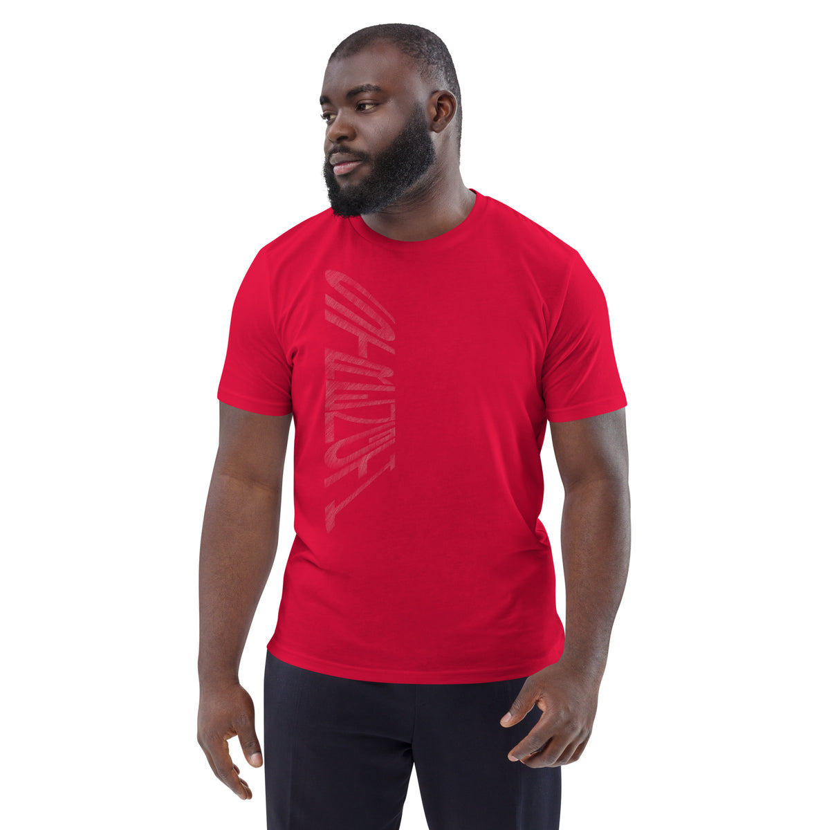 Man wearing red organic cotton t-shirt with hand-drawn 'Strength' text | eKuumeArt.