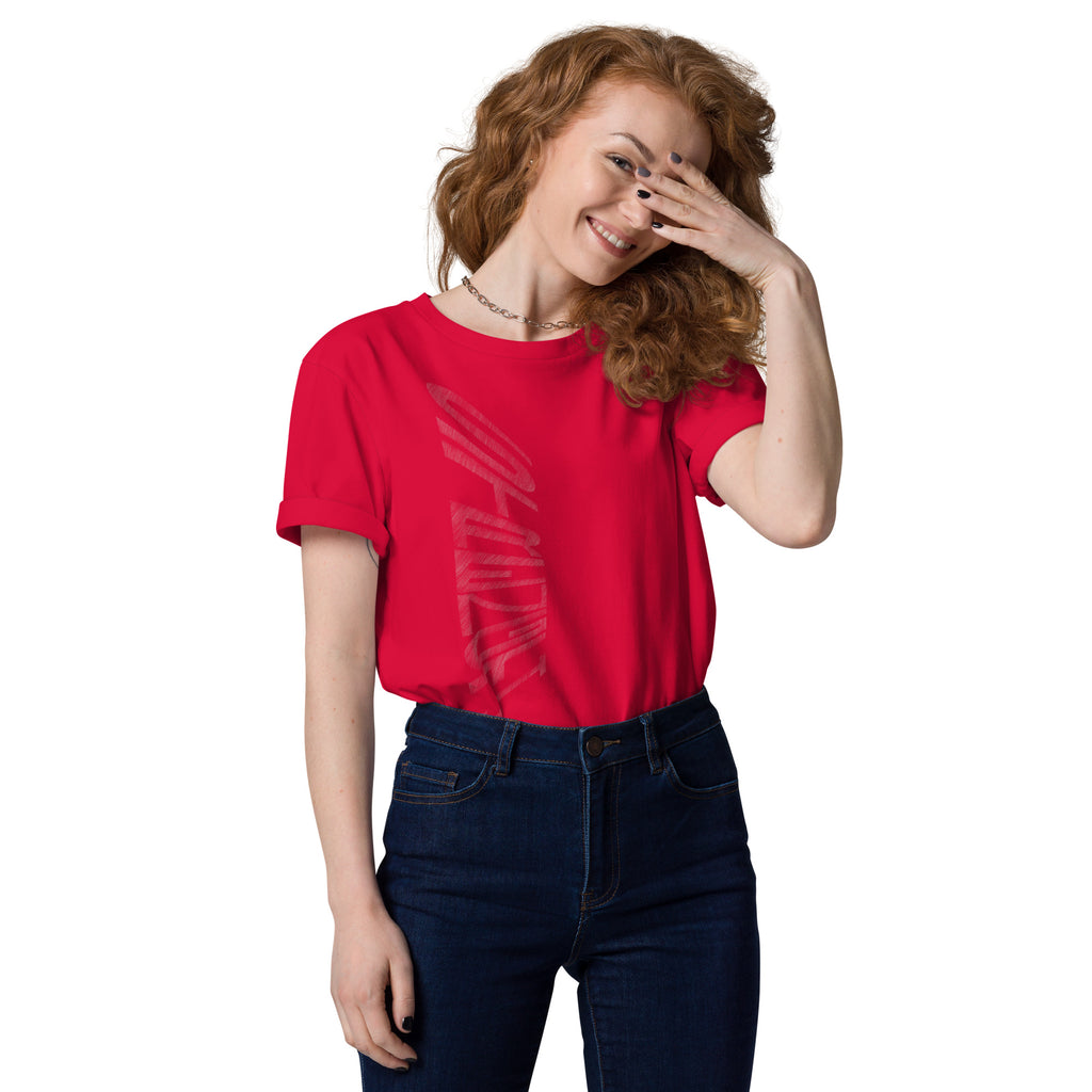 Woman wearing red organic cotton t-shirt with hand-drawn 'Strength' text | eKuumeArt.